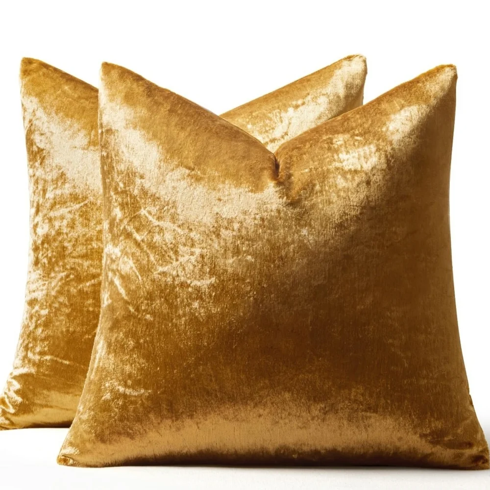 Pack of 2 Velvet Soft Solid Decorative Square Throw Pillow‎ Covers  Dark Gold - Picture 4 of 8